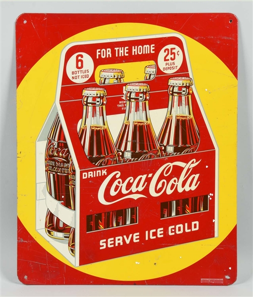 COCA-COLA ADVERTISING TIN SIGN W. 6 PACK CARRIER.