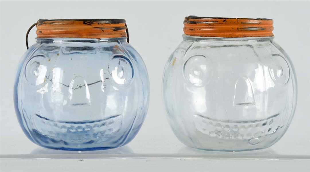 LOT OF 2: VINTAGE HALLOWEEN GLASS PUMPKIN CANDY CONTAINERS.