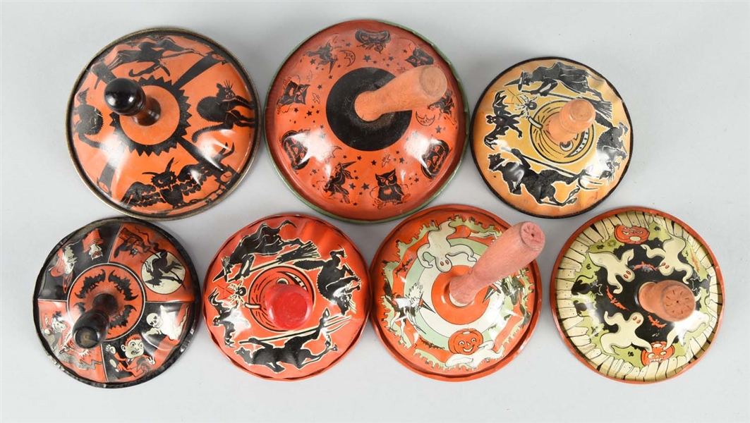 LOT OF 7: VINTAGE TIN HALLOWEEN NOISE MAKERS.
