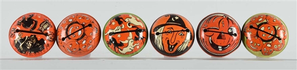 LOT OF 6: VINTAGE HALLOWEEN TIN NOISE MAKERS W/ WOODEN HANDLES.