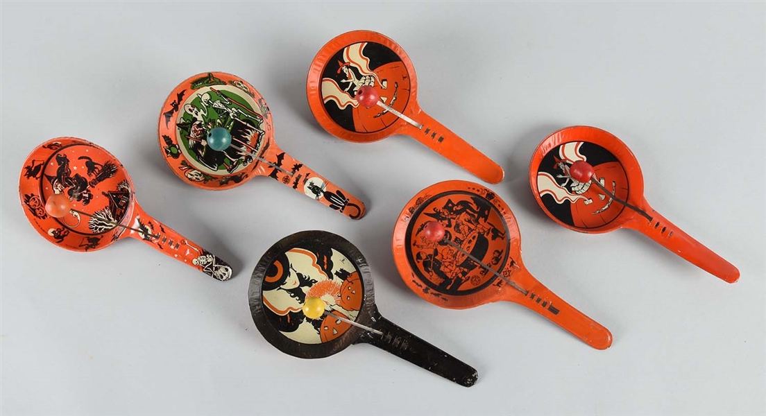 LOT OF 6: VINTAGE HALLOWEEN TIN NOISE MAKERS.