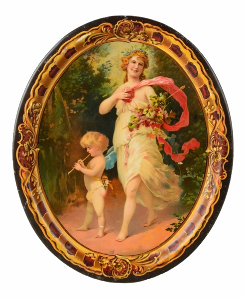 EARLY OVAL TRAY WOMAN & CHERUB BOY. 