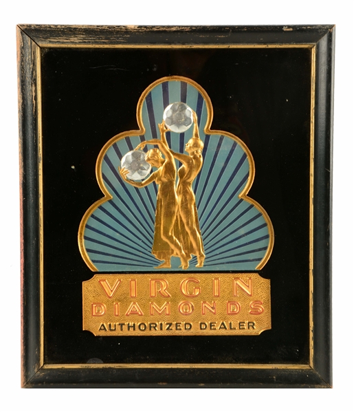 VIRGIN DIAMONDS DEALER REVERSE GLASS EASEL BACK ADVERTISING SIGN. 