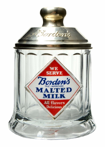 BORDENS MALTED MILK RIBBED GLASS ADVERTISING JAR.