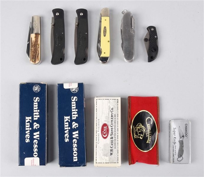 LOT OF 6: FOLDING KNIVES BY CASE, CRIPPLE CREEK & OTHERS.
