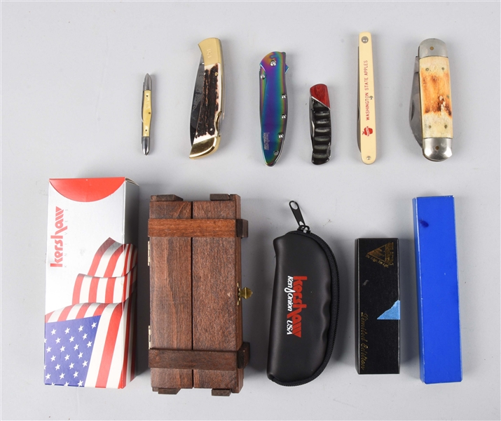 LOT OF 6: FOLDING KNIVES BY BUCK CUSTOM AND OTHERS.