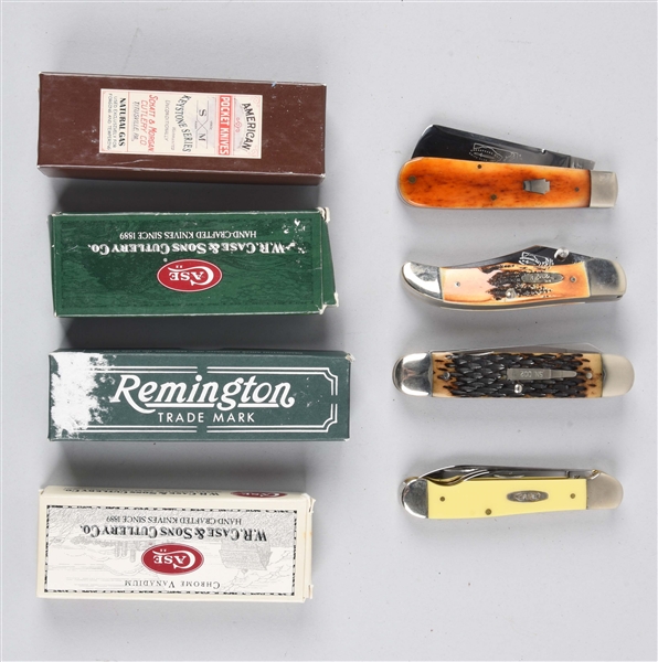 LOT OF 4: CONTEMPORARY FOLDING KNIVES BY REMINGTON, CASE AND OTHERS.