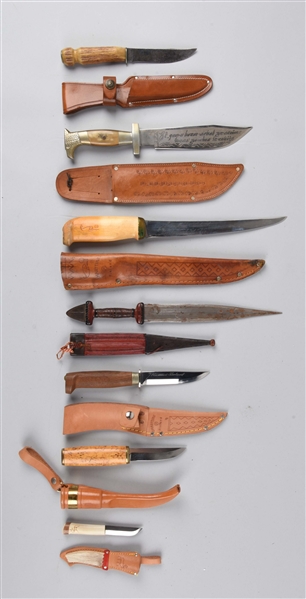 LOT OF 7: FOREIGN & DOMESTIC FIXED BLADE KNIVES.