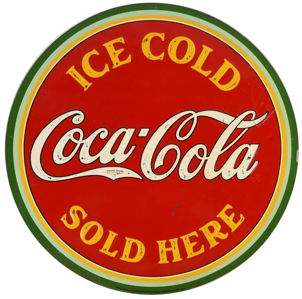 1933 EMBOSSED TIN ICE COLD COCA - COLA SIGN.