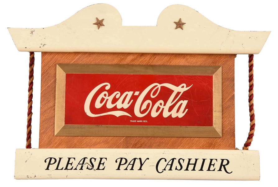 WOODEN COCA - COLA PAY CASHIER ADVERTISING SIGN.