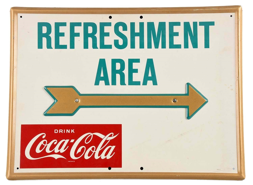 SELF-FRAMED TIN COCA - COLA REFRESHMENT AREA ADVERTISING SIGN.