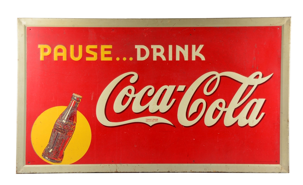 LARGE 1940 EMBOSSED COCA-COLA ADVERTISING TIN SIGN.