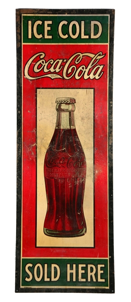 EARLY CARDBOARD COCA-COLA "SOLD HERE" ADVERTISING SIGN.