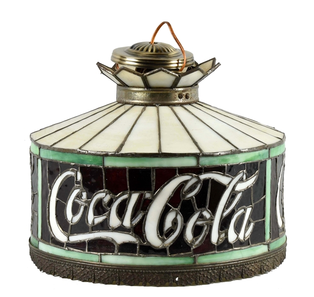 1915 COCA-COLA LEADED GLASS SHADE WITH LEAF EDGE.