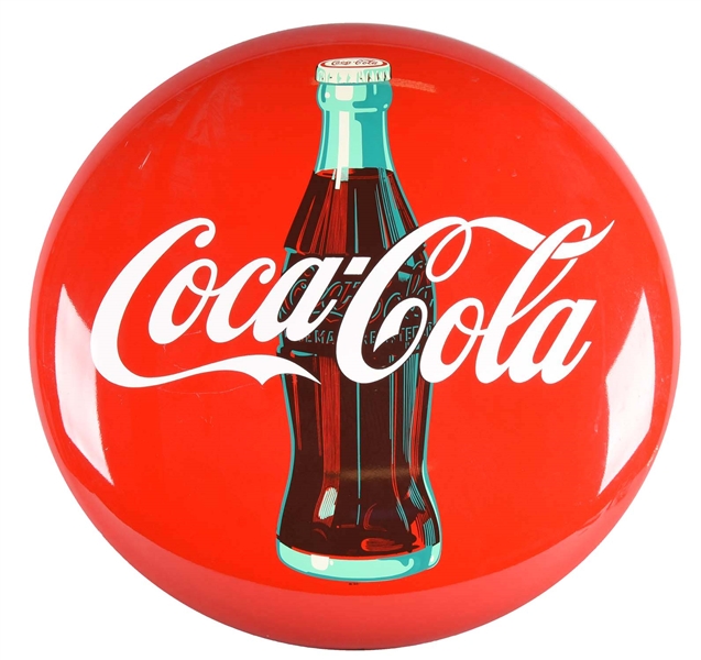 1950S PAINTED TIN COCA-COLA BUTTON SIGN.