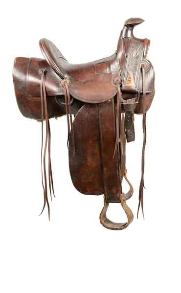 DEEP CHESTNUT BROWN LEATHER RACEK SADDLE AND STAND.