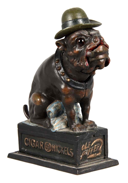 REPRODUCTION "OLE PUFFER" CAST IRON FIGURAL BULLDOG BANK