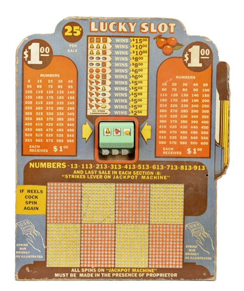 25¢ LUCKY SLOT PUNCH BOARD WITH REEL DEVICE