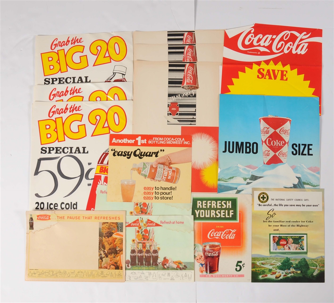 LOT OF COCA-COLA PAPER ADVERTISING POSTERS.