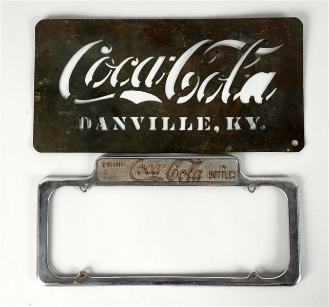 LOT OF 2: COCA - COLA LICENSE PLATE FRAME & BRASS STENCIL.