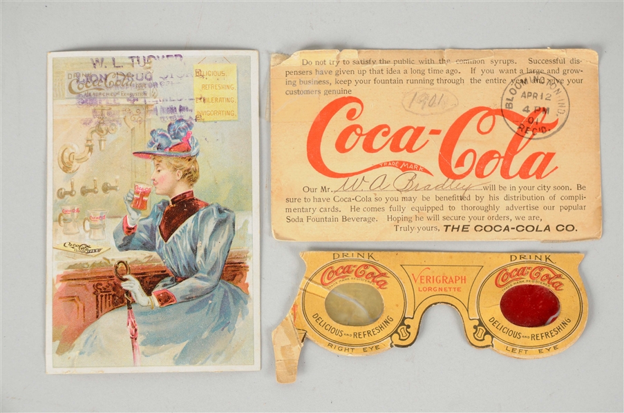 LOT OF 3: COCA-COLA TRADE CARD & OTHER ITEMS.