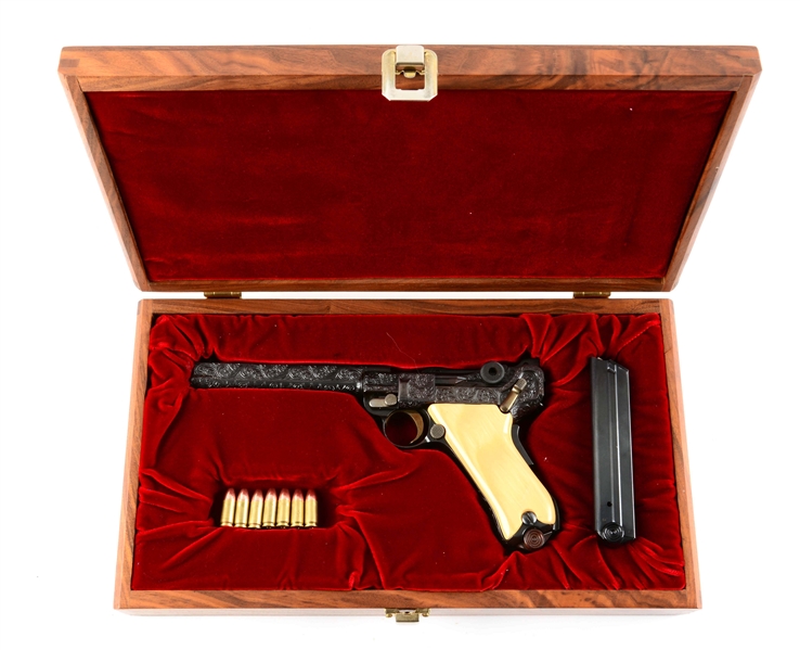 (C) CASED CUSTOM ENGRAVED LUGER SEMI-AUTO PISTOL.