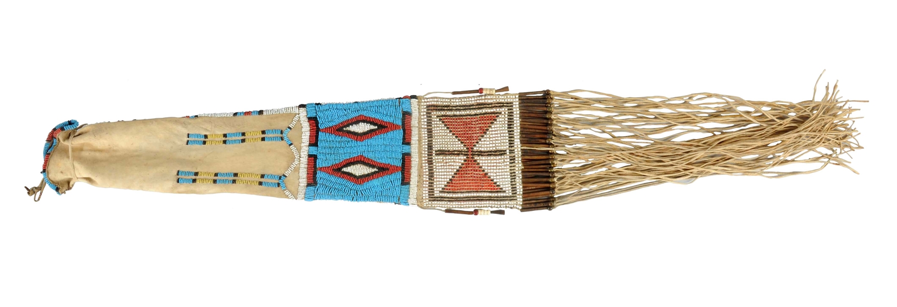 BEAUTIFUL NORTHERN PLAINS CONTOUR BEADED PIPE BAG WITH TWO DISTINCT DIAMOND ELEMENTS.