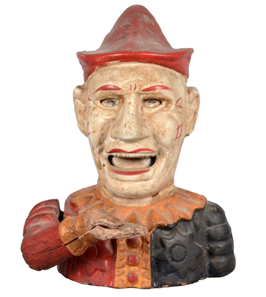 FIGURAL CAST IRON MECHANICAL HUMPTY DUMPTY CLOWN BANK