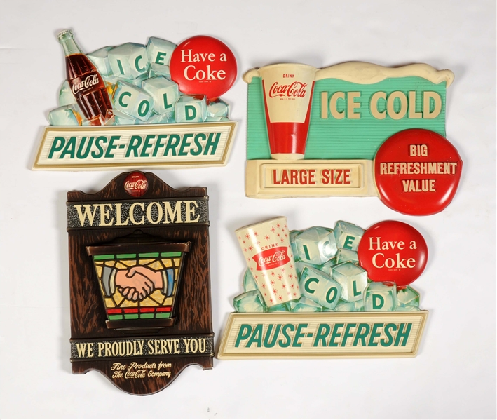 LOT OF 4: PLASTIC COCA-COLA ADVERTISING SIGNS.