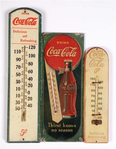 LOT OF 3: WOODEN COCA - COLA ADVERTISING THERMOMETERS.