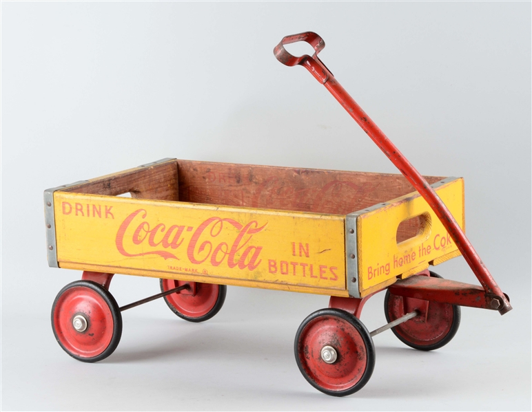 YELLOW WOODEN COCA-COLA CRATE WAGON.