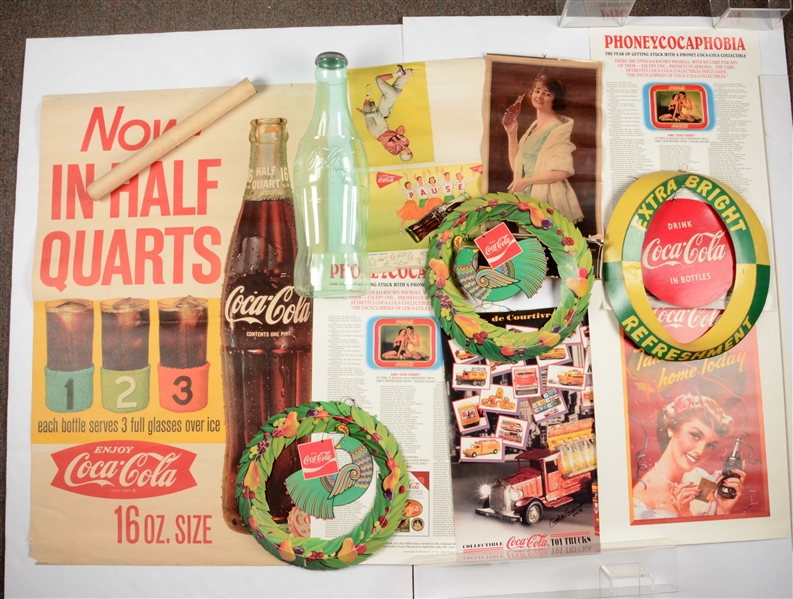 LOT OF COCA-COLA POSTERS & BOTTLE BANK.