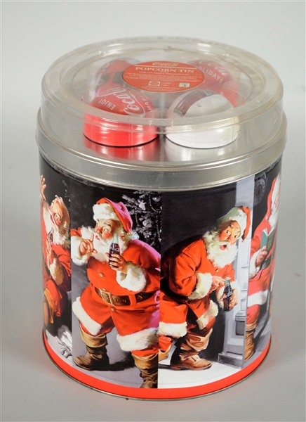 UNUSED COCA - COLA POPCORN TIN WITH ORNAMENTS.