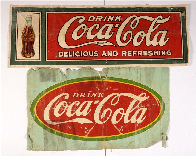 LOT OF 5: EARLY COCA-COLA BANNERS, SIGNS & KITE.