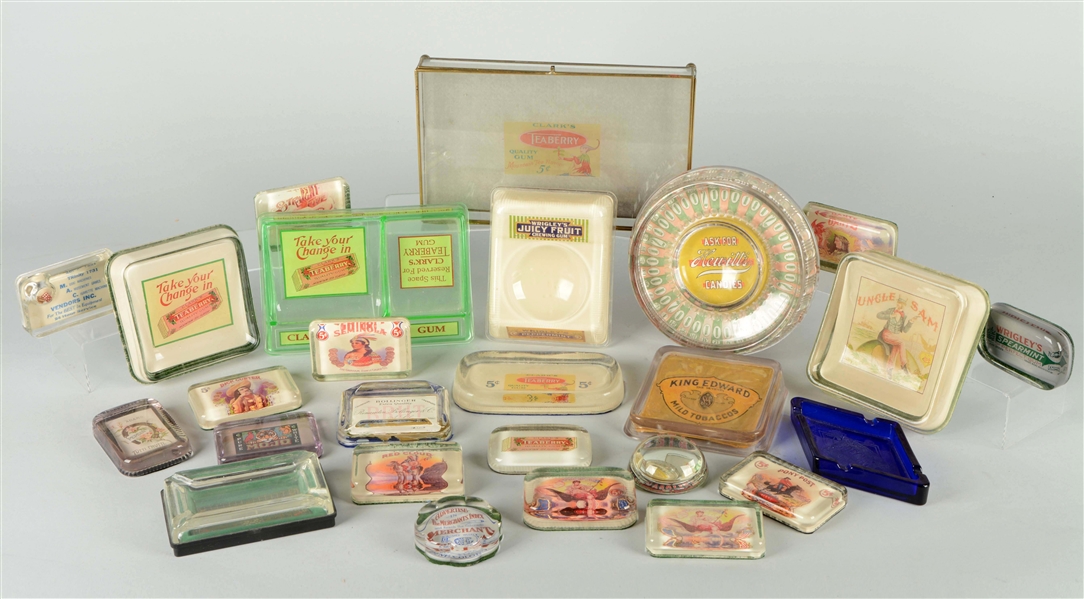 LOT OF 26: ADVERTISING PAPERWEIGHTS, ASHTRAYS, AND CHANGE TRAYS