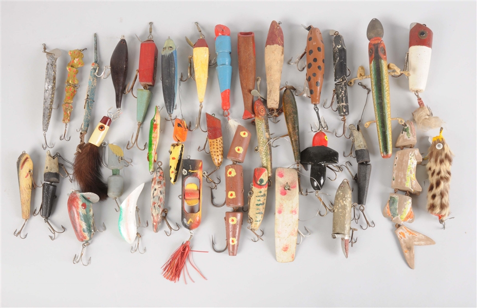 LOT OF 35: HAND CRAFTED FISHING LURES. 