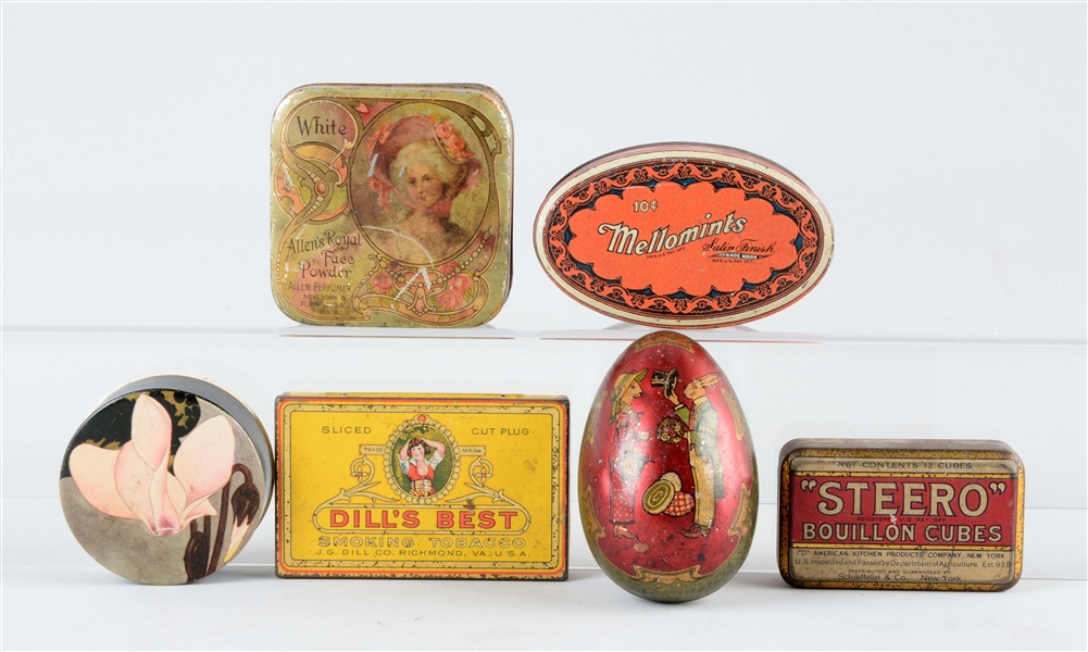 LOT OF 6: EARLY ADVERTISING TINS.