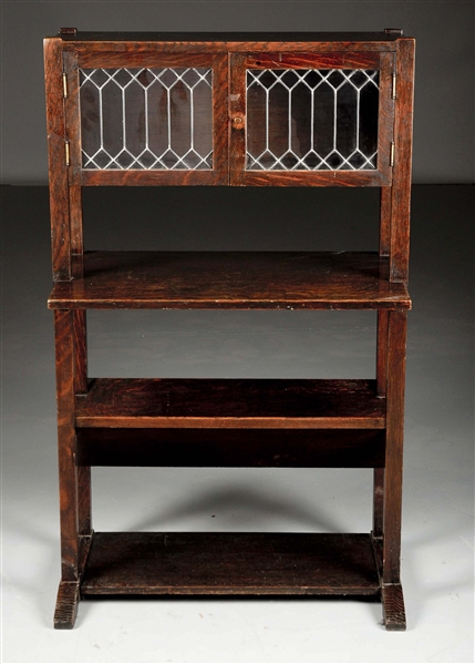 ARTS & CRAFTS SHOE FOOTED BOOK STAND WITH LEADED GLASS BOOKCASE CABINET.