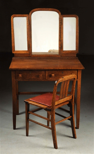 ARTS & CRAFTS VANITY WITH FOLDING MIRRORS & CHAIR.