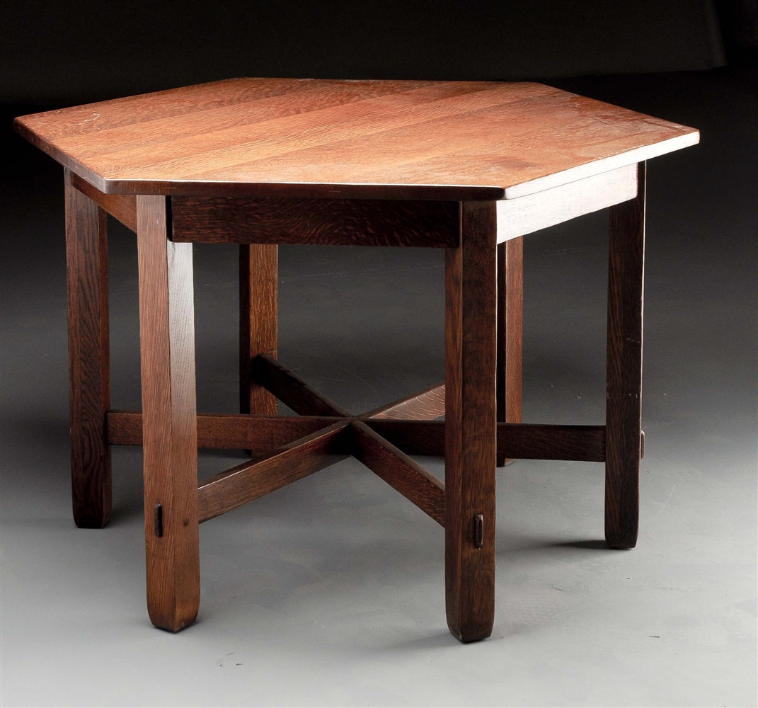 STICKLEY BROTHERS HEXAGONAL TABLE WITH THROUGH TENONS.