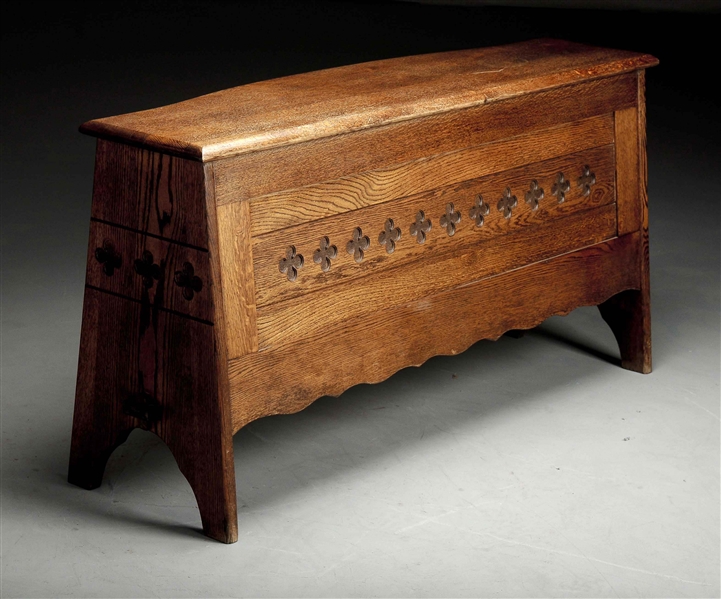 QUARTER SAWN OAK CONSOLE BENCH W/ CARVED CLOVERS.