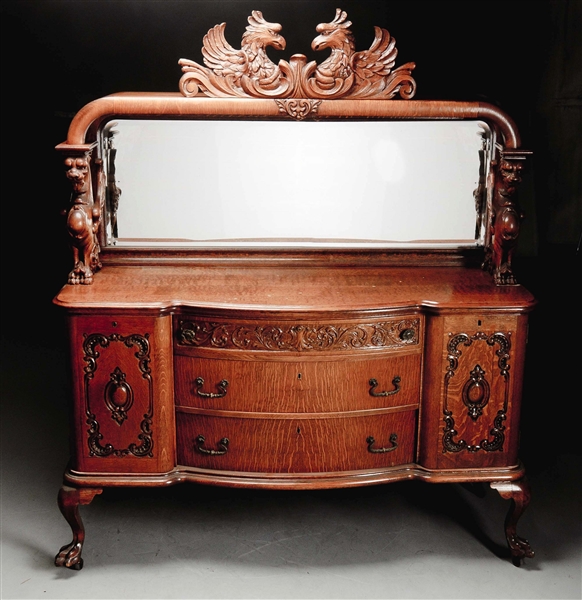 TURN OF THE CENTURY SIDEBOARD W/ CARVED WINGED GRIFFINS.