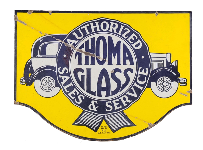 THOMA GLASS SALES & SERVICE W/ CAR GRAPHICS PORCELAIN DIECUT SIGN.