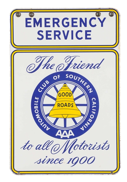 AAA SOUTHERN CALIFORNIA "EMERGENCY SERVICE" PORCELAIN SIGN.