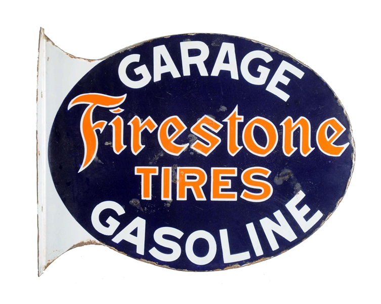 FIRESTONE TIRES GARAGE GASOLINE PORCELAIN FLANGE SIGN .