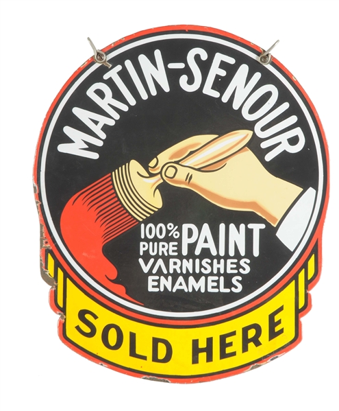 MARTIN-SENOUR PAINT SOLD HERE W/ HAND HOLDING ROUND BRUSH SIGN.