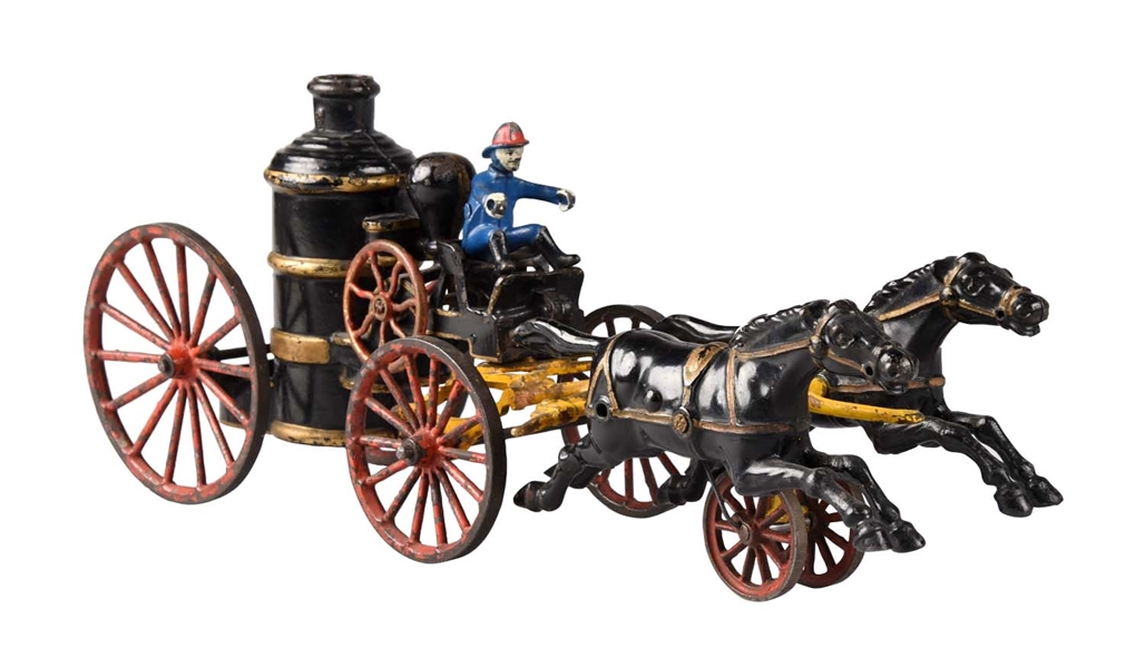 HUBLEY TWO HORSE DRAWN CAST IRON FIRE PUMPER.