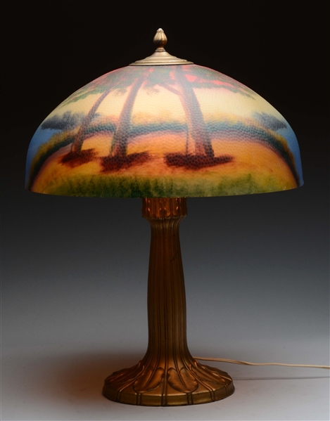 BRONZE LAMP WITH REVERSE ON GLASS SHADE. 