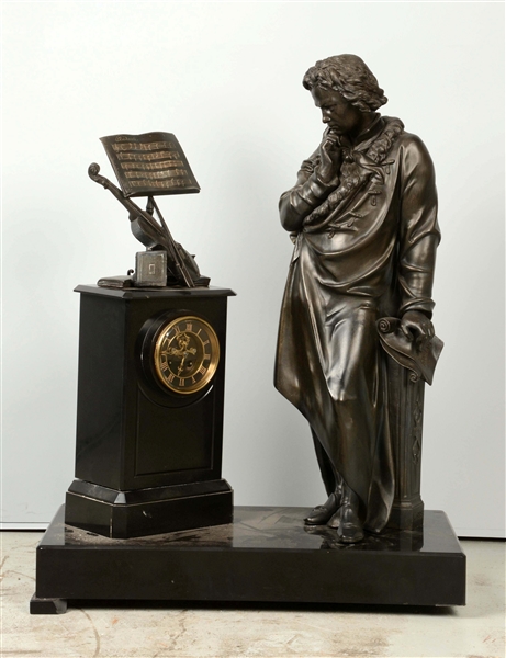 FRENCH PLATED BRONZE & SLATE FIGURAL CLOCK.       