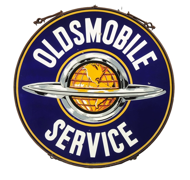 OLDSMOBILE SERVICE W/ WORLD LOGO PORCELAIN SIGN.